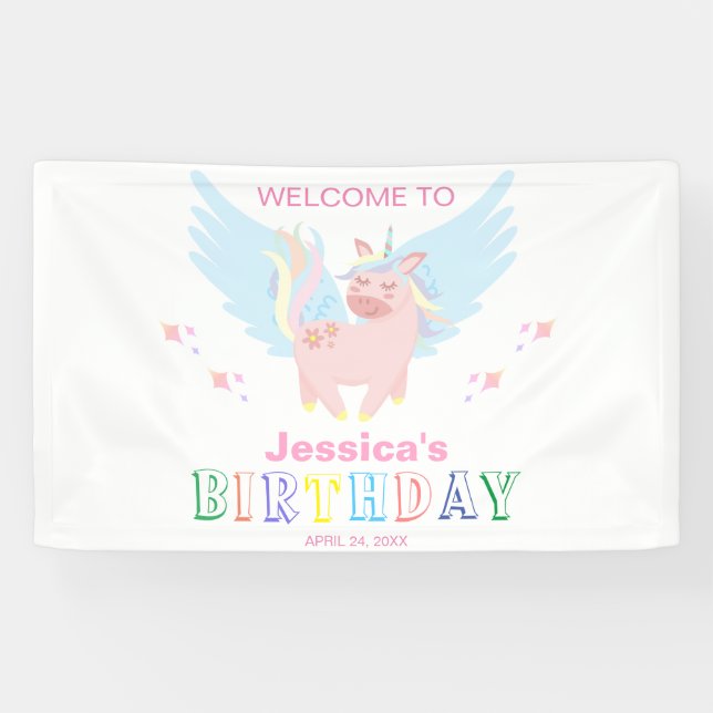 Girls Pink Unicorn Magical Day Birthday Party Banner (Horizontal)