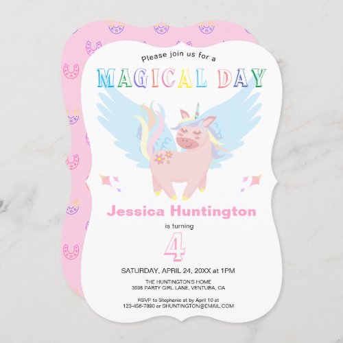 Girls Pink Unicorn Magical Day Birthday Party Invitation