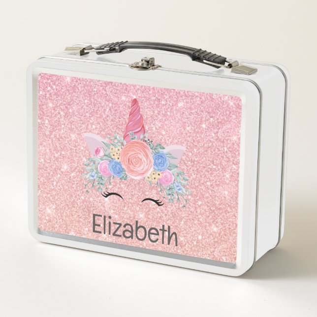 Girls Pink Unicorn Sparkle Kids Back to school  Metal Lunch Box (Front)
