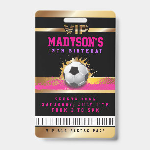 Girls Pink VIP SOCCER ALL ACCESS Gold Pass Badge
