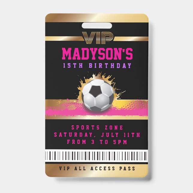 Girls Pink VIP SOCCER ALL ACCESS Gold Pass Badge (Front)