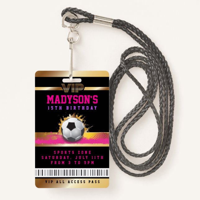 Girls Pink VIP SOCCER ALL ACCESS Gold Pass Badge (Front with Lanyard)