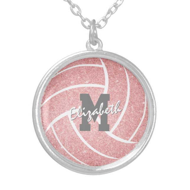 girls pink volleyball necklace with monogram (Front)