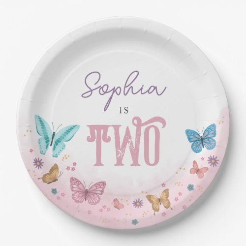 Girls Pink Watercolor Butterfly Cute Kids Birthday Paper Plates