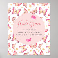 Girls Pink Watercolor Butterfly Floral Birth Stats Poster