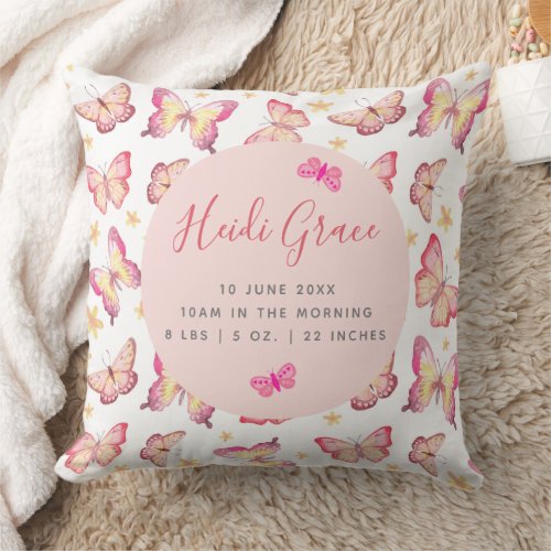 Girls Pink Watercolor Butterfly Floral Birth Stats Throw Pillow