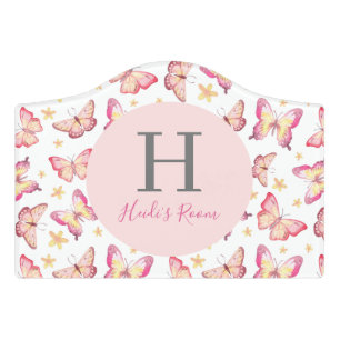 Girls Pink Watercolor Butterfly Floral Name Door Sign