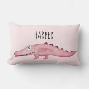 Girl's Pink Watercolor Crocodile Safari Baby Lumbar Pillow