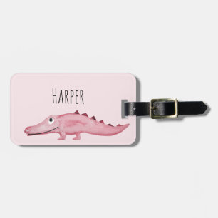 Girl's Pink Watercolor Crocodile Safari Kids Name Luggage Tag