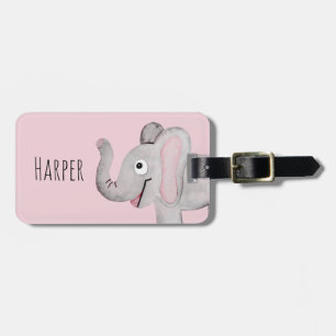 Girl's Pink Watercolor Elephant Safari & Kids Name Luggage Tag