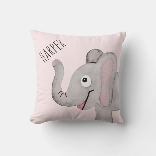Girl's Pink Watercolor Elephant Safari Nursery Throw Pillow (Front)