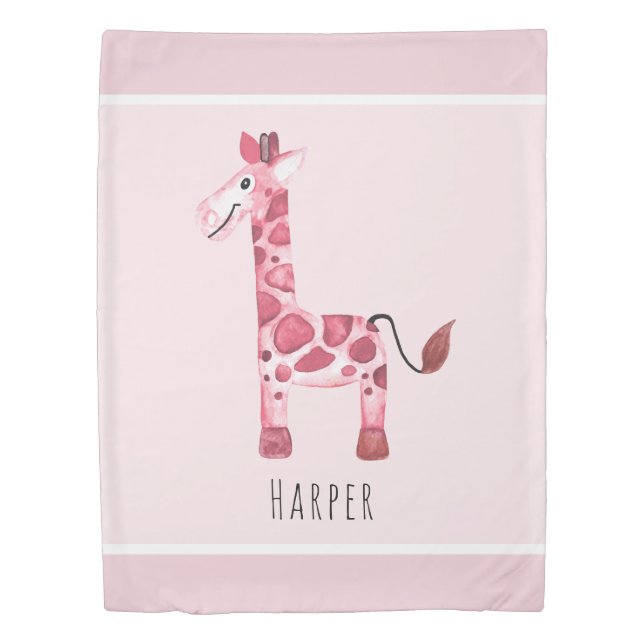 Girl's Pink Watercolor Giraffe Safari Baby Nursery Duvet Cover (Front)