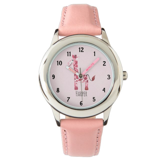 Girls Pink Watercolor Safari Giraffe and Name Kids Watch (Front)