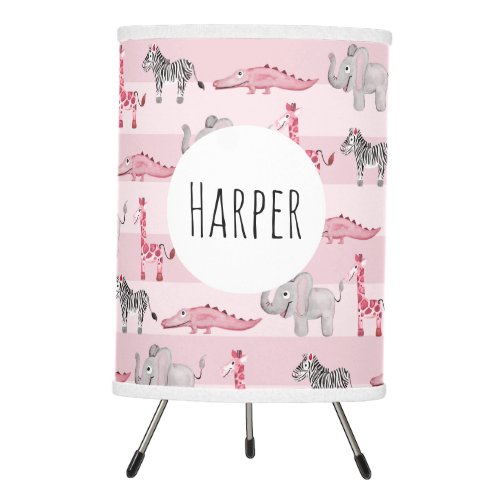 Girls Pink Watercolor Safari Pattern Baby Nursery Tripod Lamp
