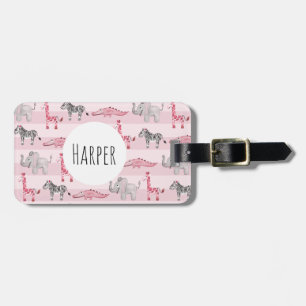 Girl's Pink Watercolor Safari Pattern Kids Name Luggage Tag