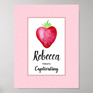 Girls Pink Watercolor Strawberry & Name Meaning Poster