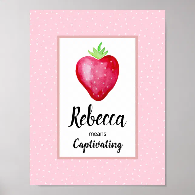 Girls Pink Watercolor Strawberry & Name Meaning Poster Zazzle