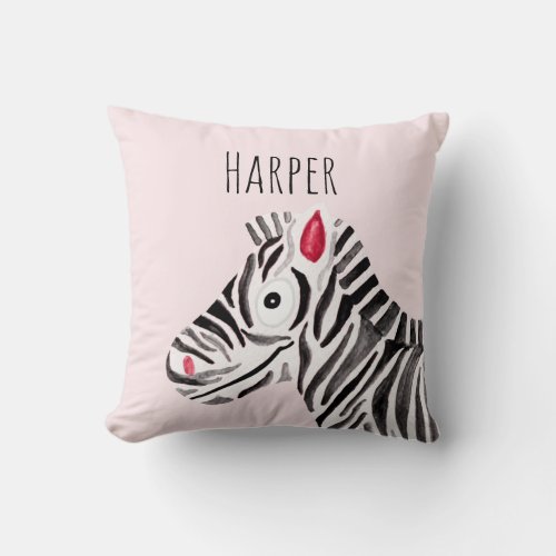 Girls Pink Watercolor Zebra Safari Baby Nursery Throw Pillow