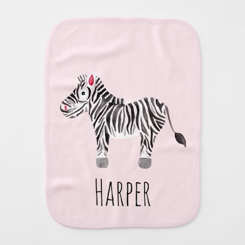 Girls Pink Watercolor Zebra Safari Name Baby Burp Cloth