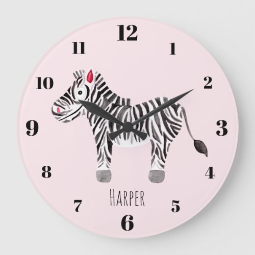 Girls Pink Watercolor Zebra Safari Nursery Name Large Clock