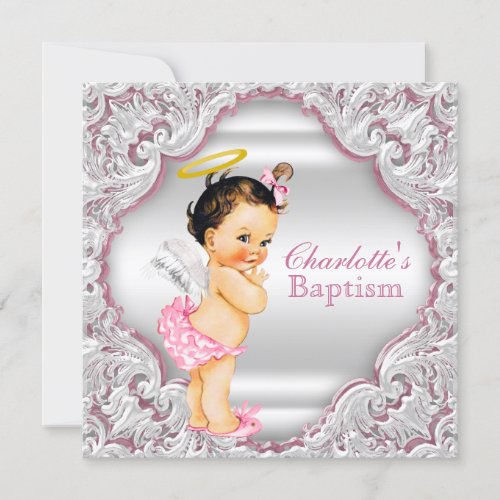 Girls Pink White Angel Girl Baby Baptism Invitation
