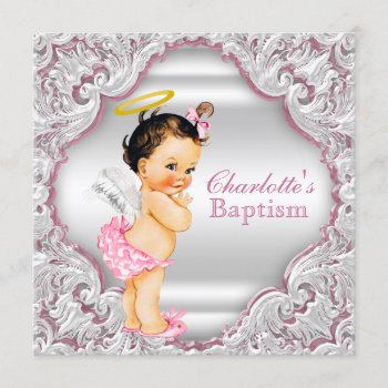 Girls Pink White Angel Girl Baby Baptism Invitation by The_Vintage_Boutique at Zazzle