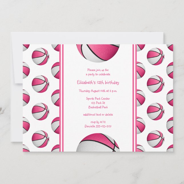 girls pink white basketball birthday or team party invitation (Front)