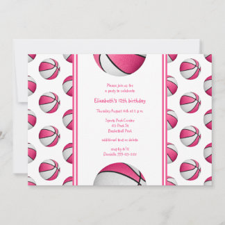 girls pink white basketball birthday or team party invitation