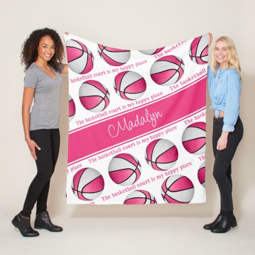 girls pink white basketball court my happy place fleece blanket