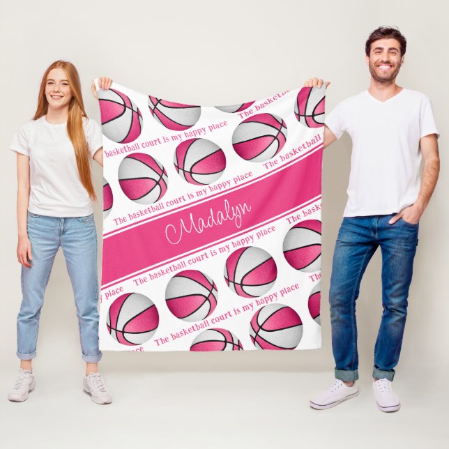 girls pink white basketball court my happy place fleece blanket (In Situ)
