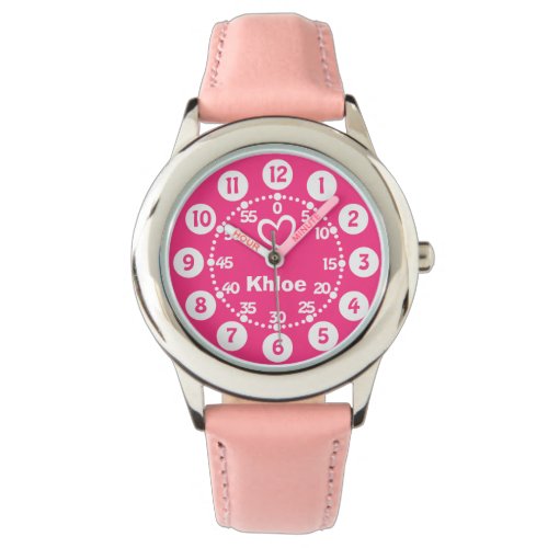 Girls pink  white short name wrist watch