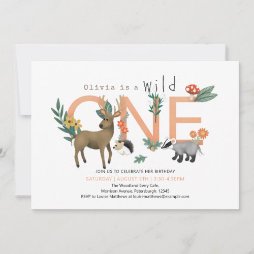 Girls Pink Wild One Woodland Animals 1st Birthday Invitation