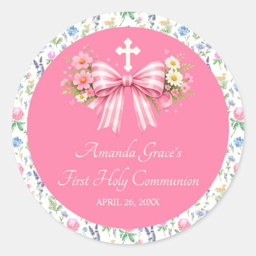 Girl's Pink Wildflower Bow First Communion  Classic Round Sticker
