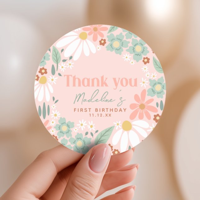 Girls Pink Wildflower Daisy 1st Birthday Favor Classic Round Sticker (Creator Uploaded)