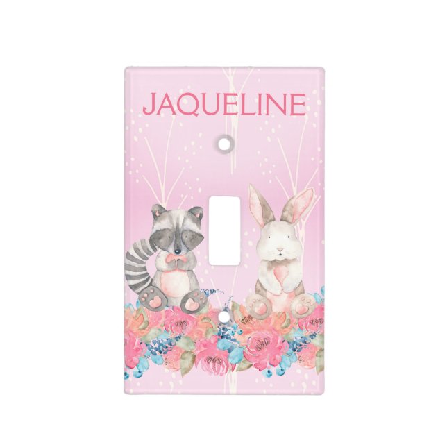 Girls Pink Woodland Animals Baby Nursery   Light Switch Cover (Front)