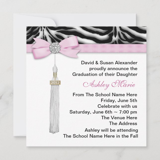 Girls Pink Zebra Graduation Announcements (Front)
