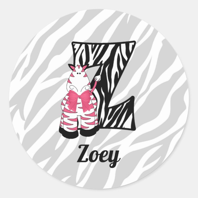 Girls Pink Zebra Letter Z Monogrammed Classic Round Sticker (Front)