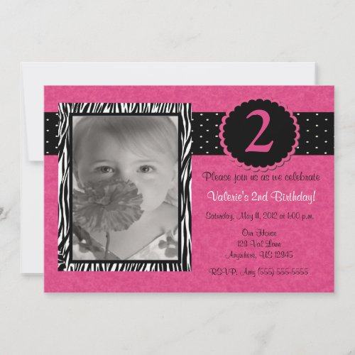Girls Pink Zebra Personalized Birthday Invitation