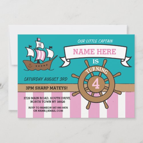 Girls Pirate Ship Nautical Birthday Party Invite