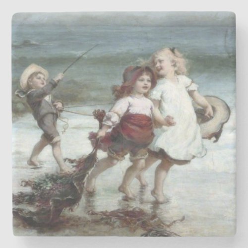 Girls Playing as Horses on the Beach Stone Coaster