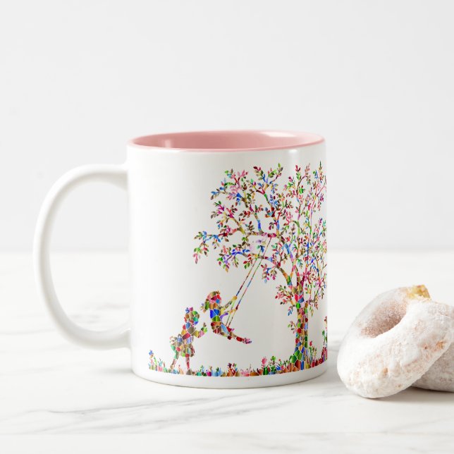 Girls playing on swing Two-Tone coffee mug (With Donut)