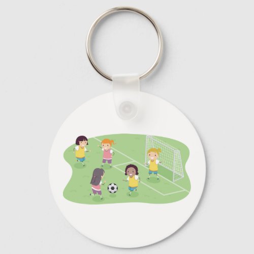 Girls Playing Soccer Football Keychain