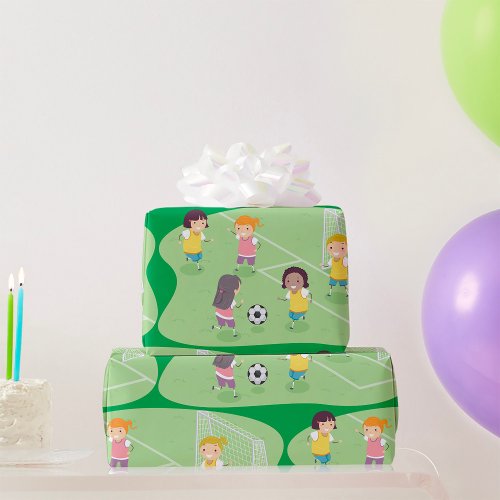 Girls Playing Soccer Football Wrapping Paper