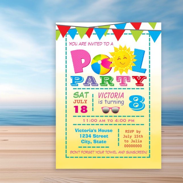 Girls Pool Birthday Party Invitations (Cute any number pool birthday party invitation. Simply add your event details.)