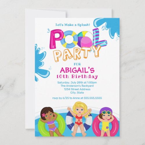 Girls Pool Party 10th Birthday Invitation