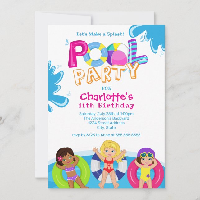 Girls Pool Party 11th Birthday Invitation (Front)