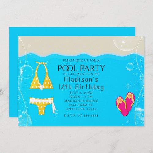 Girls Pool Party Bikini Birthday Swim Invitations