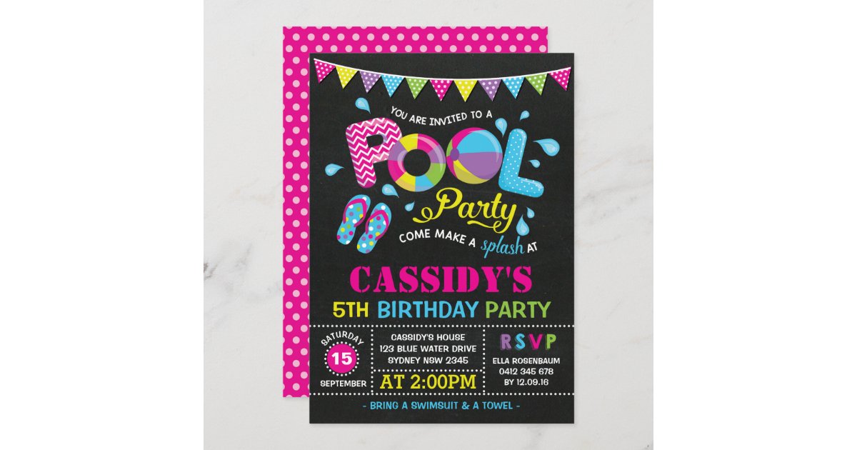 Girls Pool Party Birthday Chalkboard Invitation 