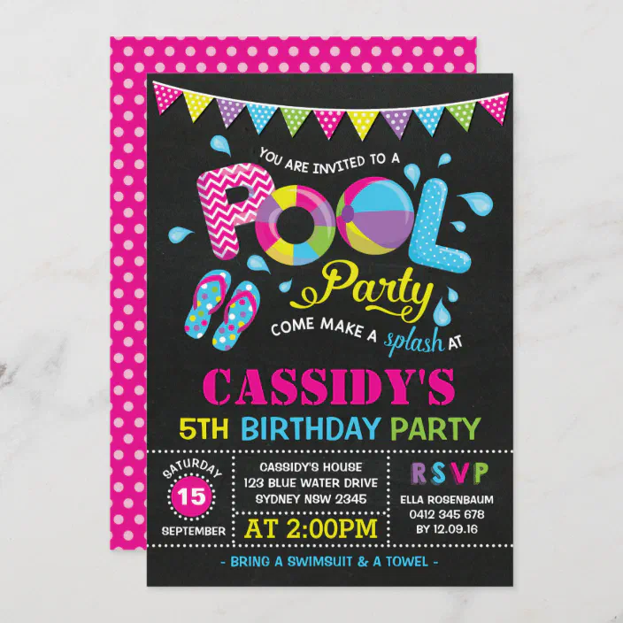 POOL PARTY INVITATIONS INVITE SUMMER GIRLS PERSONALISED CHALKBOARD CARDS 