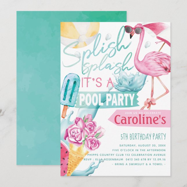 Girls Pool Party Birthday Invitation (Front/Back)